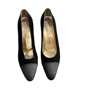 Salvatore Ferragamo Black Velvet Satin Cap Toe Pumps Kitten Heels Italy 7.5 AA